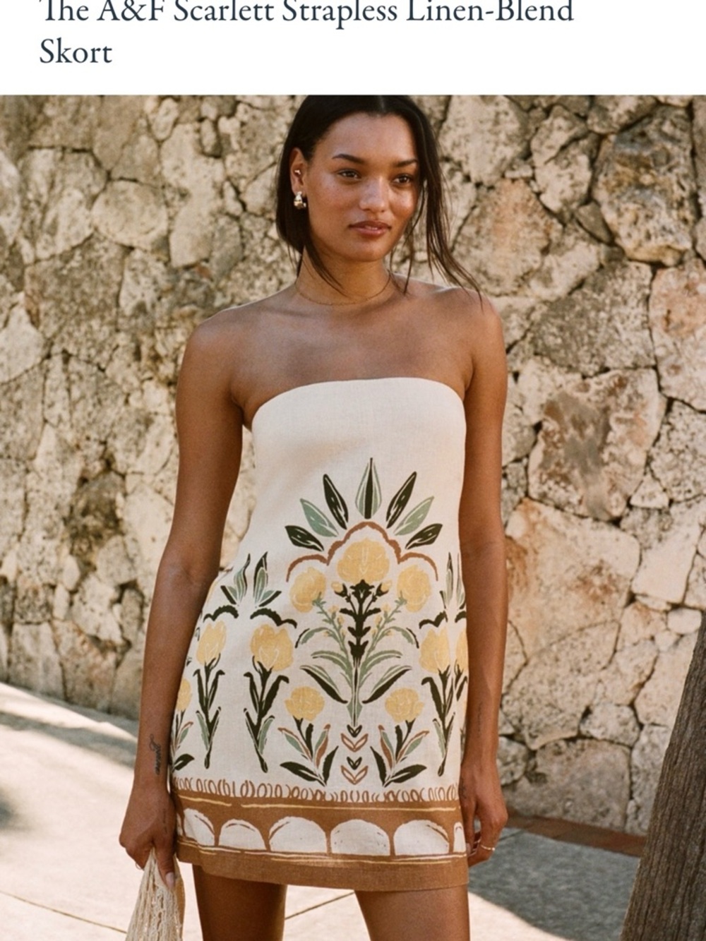 Abercrombie &Fitch Strapless Linen-Blend Mini Dress with Yellow Floral Motif